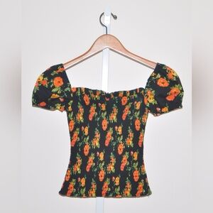 NEW Caroline Constas Malta Top Blouse Stretch Smocked Black Floral Size XS